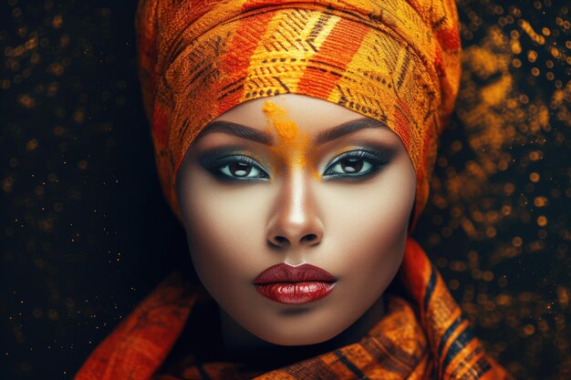 a woman with orange and black makeup