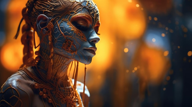 Photo a woman with orange and blue paint on her face showcasing vibrant colors and artistic expression