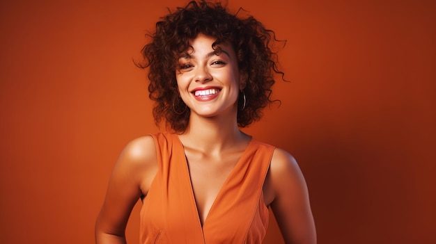 A woman with an orange dress smiles in front of a red background.