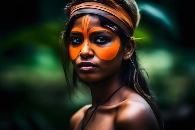 A woman with an orange face paint and a green background.