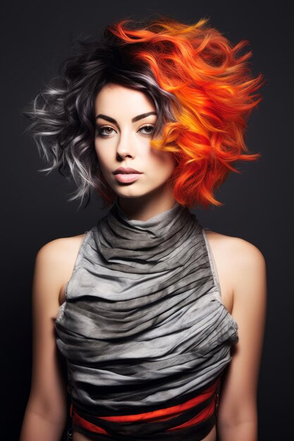 A woman with orange and gray hair with a silver and orange hairdo