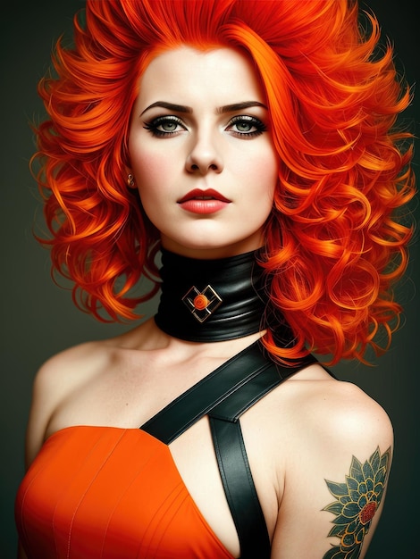 A woman with orange hair and a black leather belt