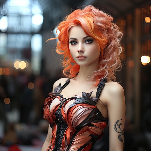 a woman with orange hair and a black and orange dress with a tattoo on the front