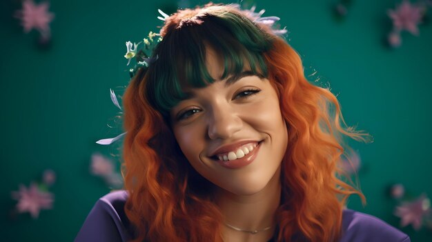 A woman with orange hair and a flower crown smiles at the camera.