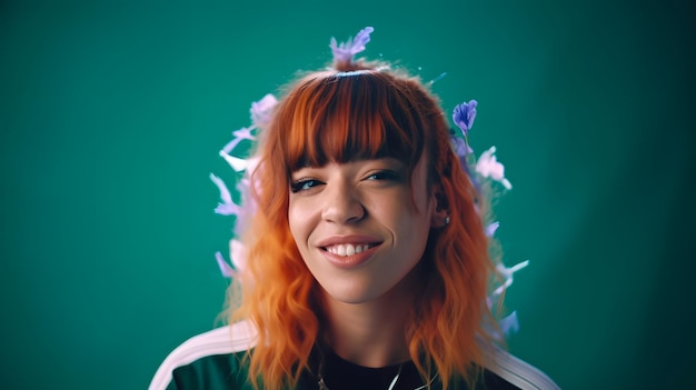 A woman with orange hair and a green shirt with a white and black butterfly on her head.