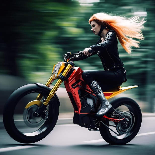 Foto una donna con i capelli arancioni sta guidando una moto.