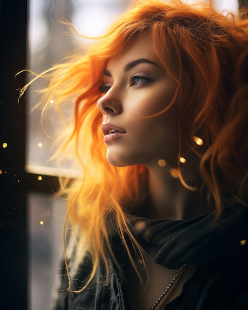 a woman with orange hair looking out of a window