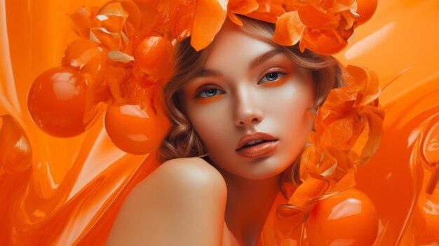 Photo a woman with orange hair and orange flowers