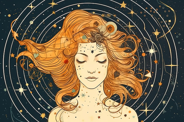 A woman with orange hair and a star on her head is surrounded by stars.