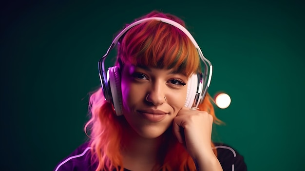 A woman with orange hair wearing headphones that say'i love you '