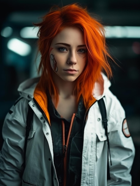 A woman with orange hair and a white jacket with the word tomoe on it