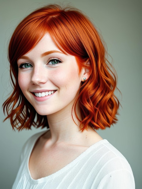 A woman with orange hair and a white shirt