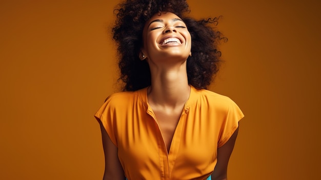 A woman with an orange shirt that says'i'm a woman '