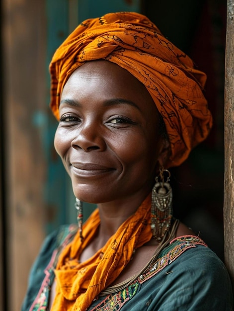 a woman with an orange turban smiles at the camera