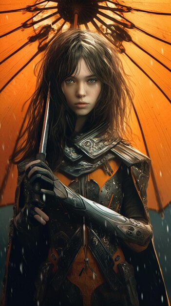 Foto una donna con un ombrello arancione sotto la pioggia