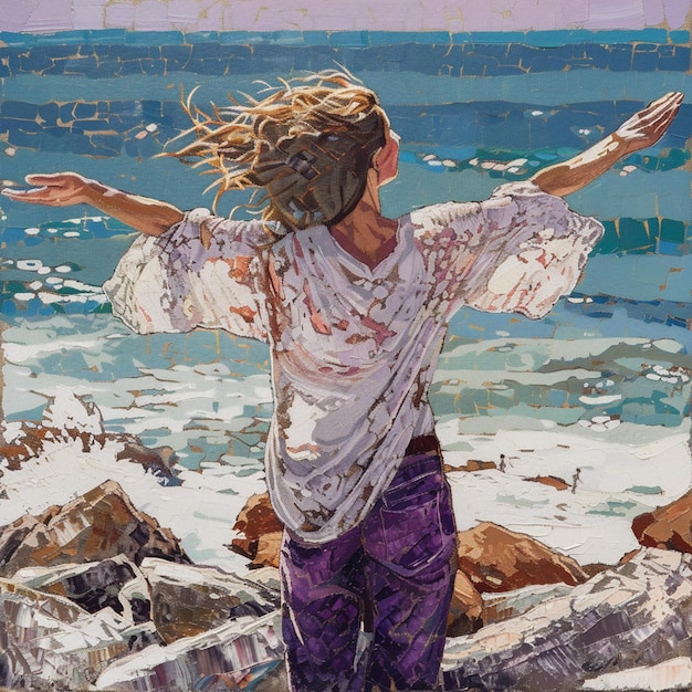 Фото Женщина с вытянутыми руками наслаждается ветром и дышит свежим воздухом на скалистом пляже