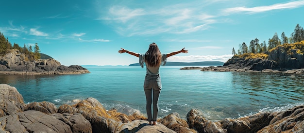 Foto donna con le braccia tese che si gode il vento e respira aria fresca sulla spiaggia rocciosa