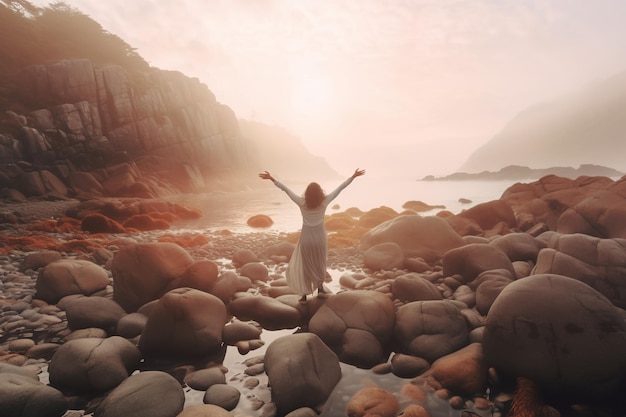 Woman with outstretched arms enjoying the wind and breathing fresh air on the rocky beach