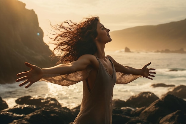 A woman with outstretched arms enjoying the wind and freedom Generative Ai