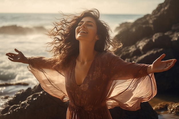 A woman with outstretched arms enjoying the wind and freedom Generative Ai