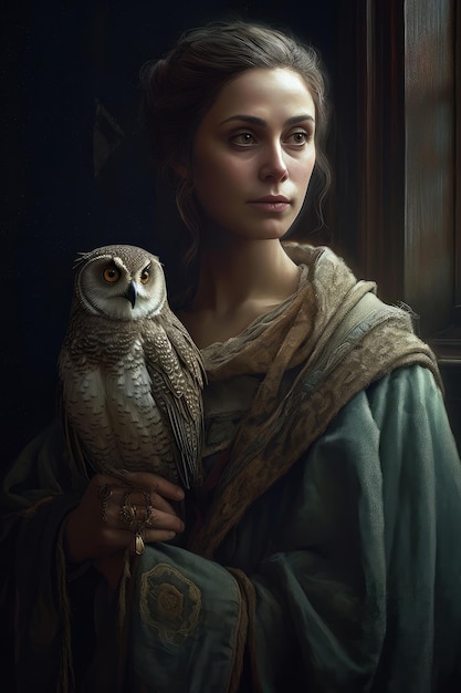 A woman with a owl on her arm