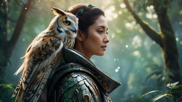 a woman with an owl on her back stands in a forest