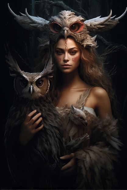 A woman with an owl on her head