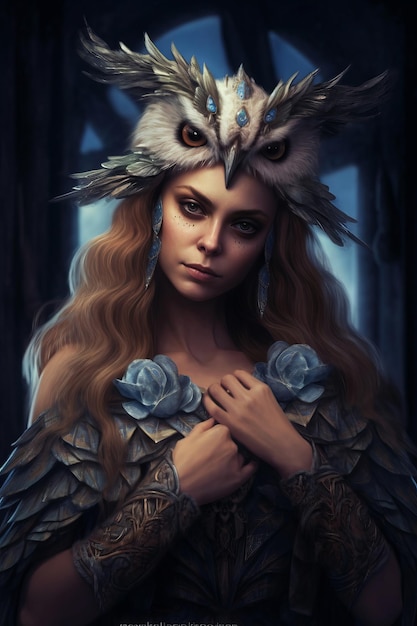 A woman with a owl on her head