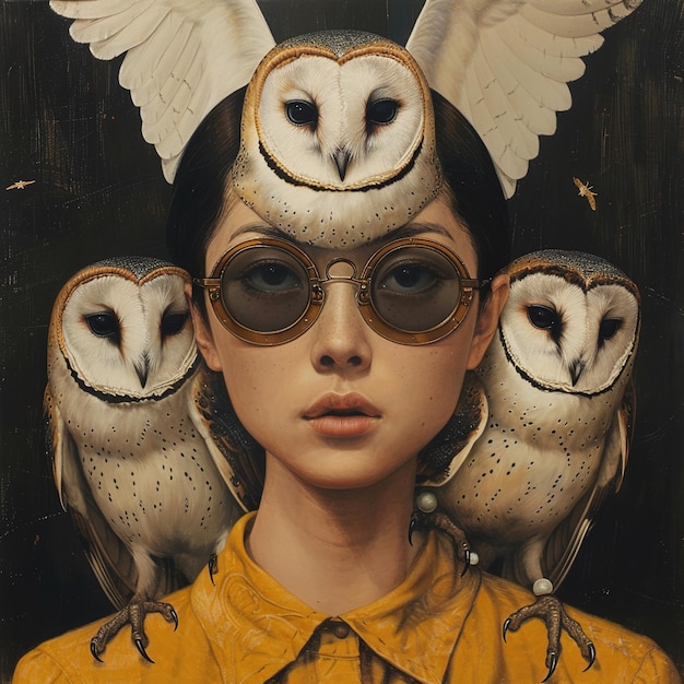 a woman with owls on her head and a pair of owl ears