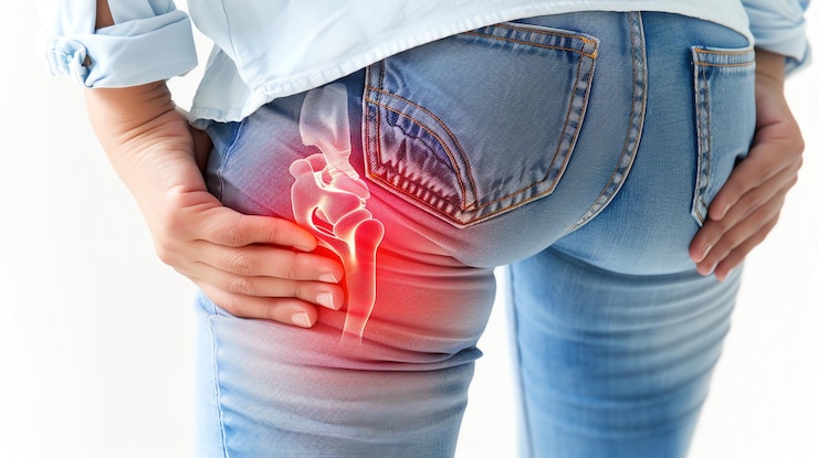 Photo a woman with pain in her hip joint illustrated with a red highlight