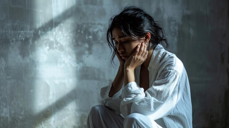 苦痛の表情の女性が手に頭を握って苦しんでいるように見える