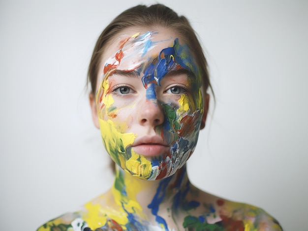 A woman with paint on her face has a face painted with colors.