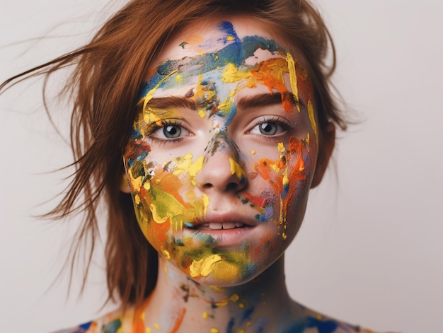 Photo a woman with paint on her face is covered in paint.