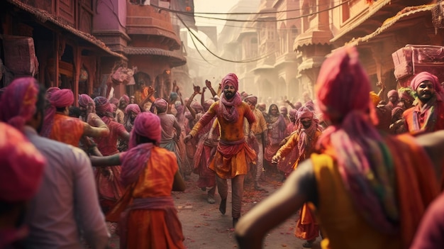 Woman With Painted Face and Arms Captivating a Crowd of People Holi