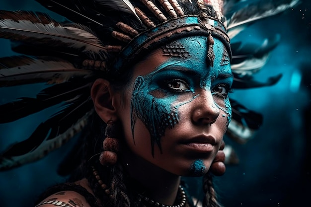 A woman with a painted face and a blue feather on her head