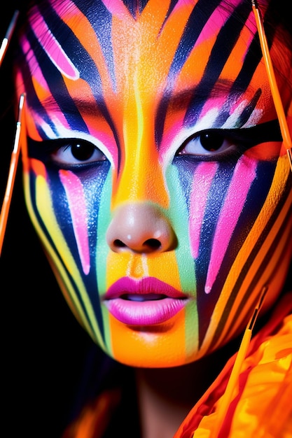 a woman with a painted face and the colors of her face are painted in colors.