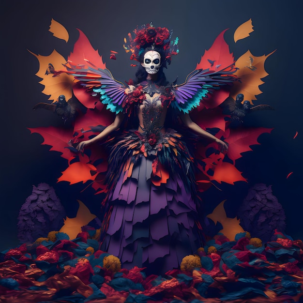 Женщина с раскрашенным лицом, украшенным цветами из ярких материалов на темном фоне ко Дню мертвых и Хэллоуину