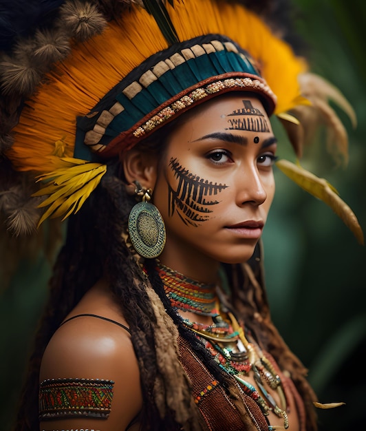 Photo a woman with a painted face and a feather on her head