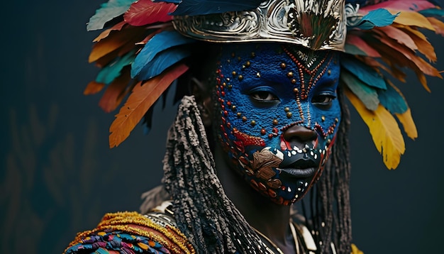 A woman with a painted face and a feather on her head