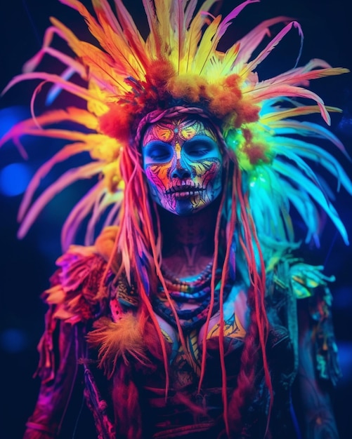 A woman with a painted face and feathers on her head.