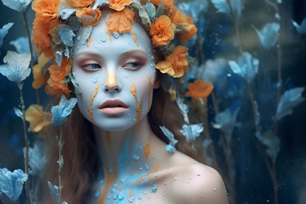 A woman with a painted face and flowers on her face