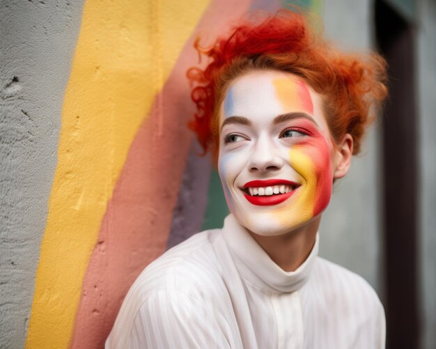 A woman with painted face and red hair smiling