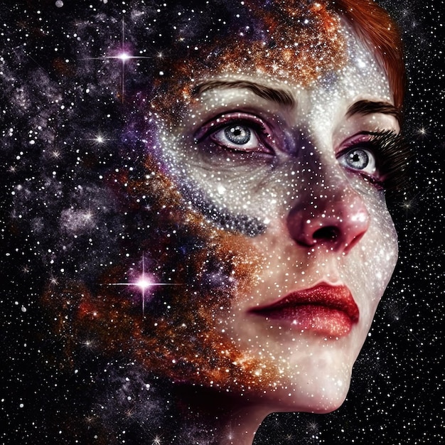 Foto una donna con il volto dipinto e uno sfondo spaziale che dice 