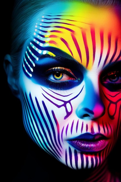 a woman with a painted face and the stripes on her face