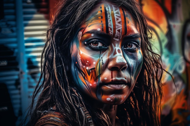 A woman with a painted face and the word tribe on the front