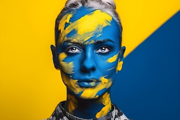 A woman with a painted face and a yellow background