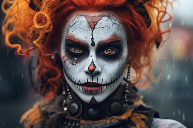 A woman with painted skull on her face