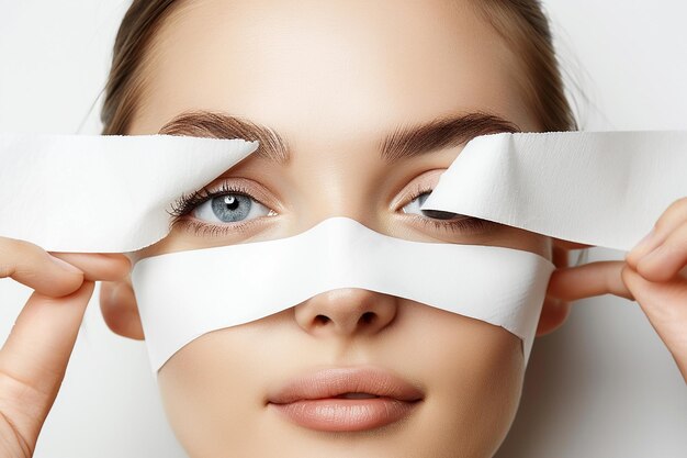 Photo a woman with a pair of white eyes wearing a pair of white plastic covers