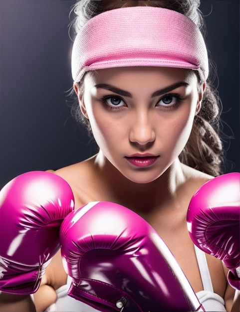 woman with a pair of white pink boxing gloves mysterious and powerful with a glossy shine