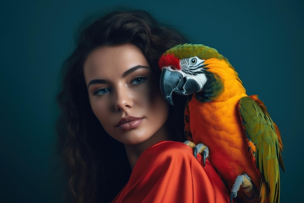 A woman with a parrot on her shoulder